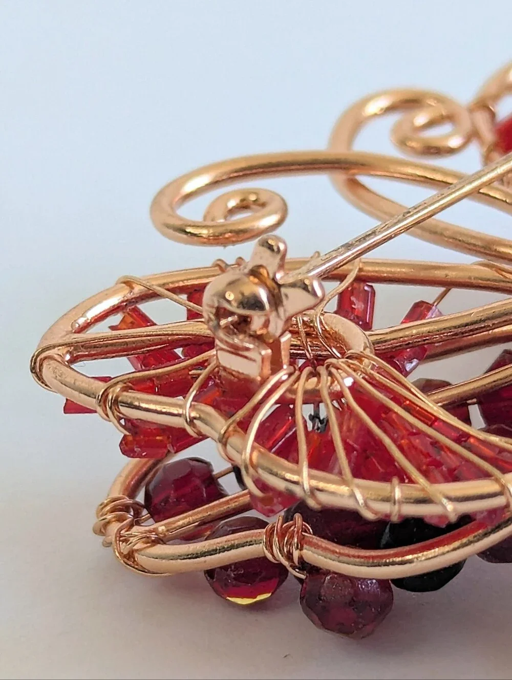 Vintage Wire Wrapped Butterfly Brooch Red Garnet Black Bead Art Glass Boho Pin